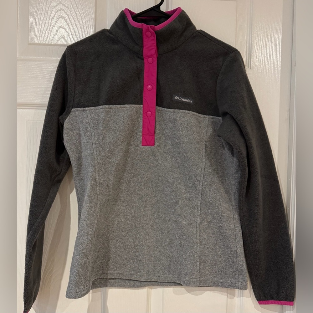 Columbia Women's S Quarter Zip Fleece Gray and Pink Snap Excellent‎ Condition
